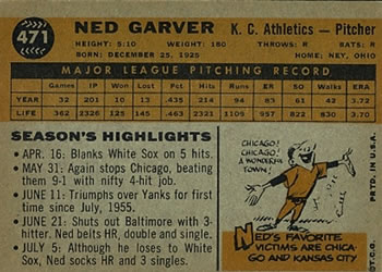 1960 Topps #471 Ned Garver Back