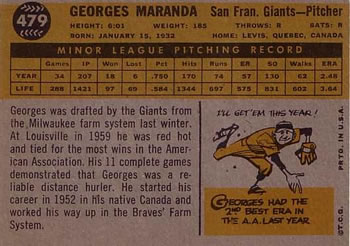 1960 Topps #479 Georges Maranda Back