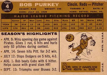 1960 Topps #4 Bob Purkey Back
