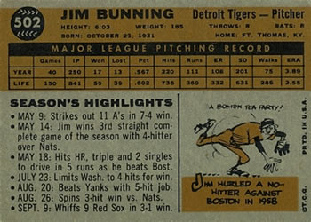 1960 Topps #502 Jim Bunning Back