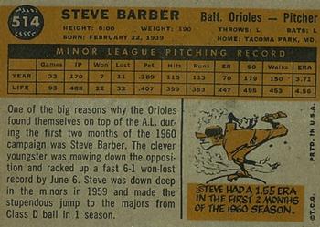 1960 Topps #514 Steve Barber Back