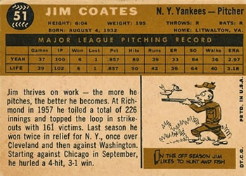 1960 Topps #51 Jim Coates Back