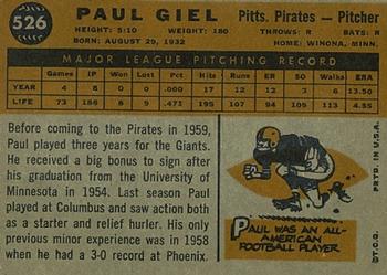 1960 Topps #526 Paul Giel Back