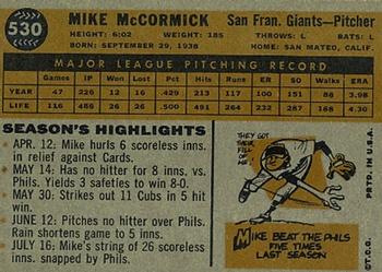 1960 Topps #530 Mike McCormick Back
