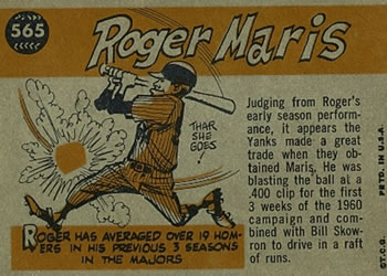 1960 Topps #565 Roger Maris Back