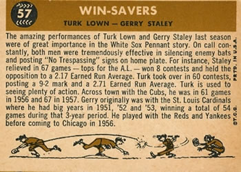 1960 Topps #57 Win-Savers (Turk Lown / Gerry Staley) Back