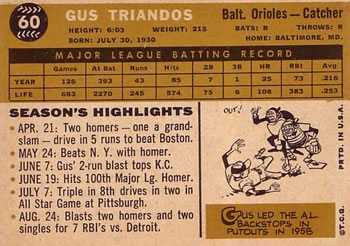 1960 Topps #60 Gus Triandos Back