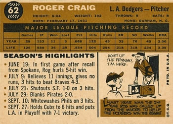 1960 Topps #62 Roger Craig Back