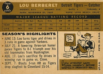 1960 Topps #6 Lou Berberet Back