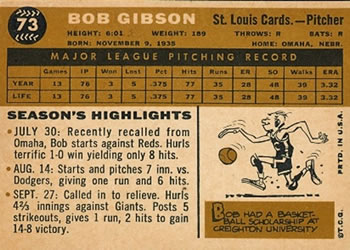 1960 Topps #73 Bob Gibson Back
