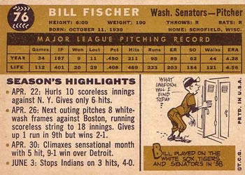 1960 Topps #76 Bill Fischer Back
