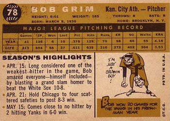 1960 Topps #78 Bob Grim Back