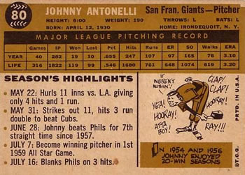 1960 Topps #80 Johnny Antonelli Back