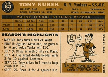 1960 Topps #83 Tony Kubek Back