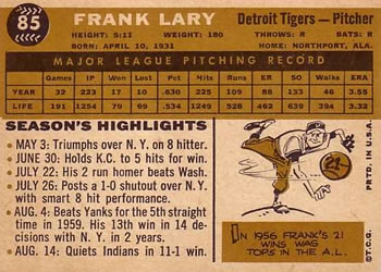 1960 Topps #85 Frank Lary Back