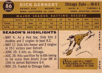 1960 Topps #86 Dick Gernert Back