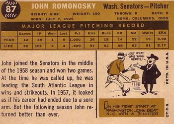 1960 Topps #87 John Romonosky Back