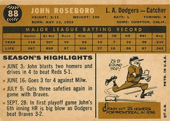 1960 Topps #88 John Roseboro Back