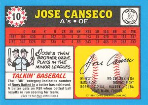 1988 Topps UK Minis - Collector's Edition (Tiffany) #10 Jose Canseco Back