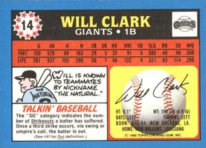 1988 Topps UK Minis - Collector's Edition (Tiffany) #14 Will Clark Back