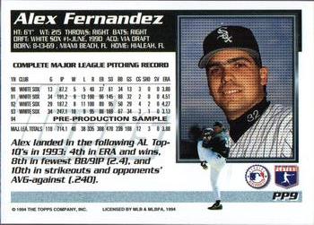 1994 Topps - 1995 Topps Pre-Production Samples #PP9 Alex Fernandez Back