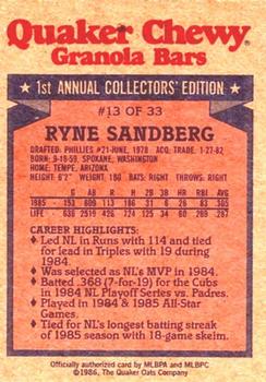 1986 Topps Quaker Granola #13 Ryne Sandberg Back