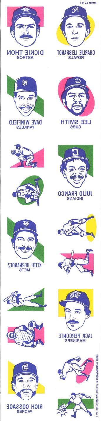 1986 O-Pee-Chee Tattoos #1 Dickie Thon / Charlie Leibrandt / Dave Winfield / Lee Smith / Julio Franco / Jack Perconte / Keith Hernandez / Rich Gossage Front