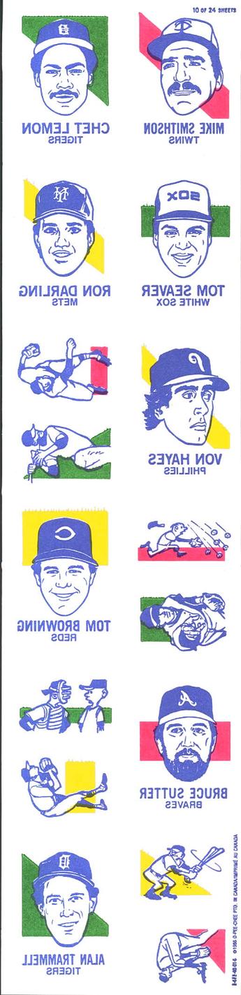 1986 O-Pee-Chee Tattoos #10 Chet Lemon / Mike Smithson / Ron Darling / Bruce Sutter / Von Hayes / Tom Browning / Alan Trammell / Mike Smithson / Tom Seaver Front
