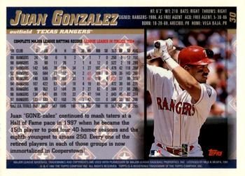 1998 Topps - Inaugural Devil Rays #30 Juan Gonzalez Back