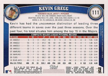 2011 Topps #111 Kevin Gregg Back