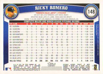 2011 Topps #148 Ricky Romero Back