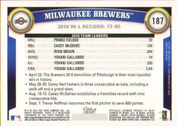 2011 Topps #187 Milwaukee Brewers Back
