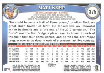 2011 Topps #375 Matt Kemp Back