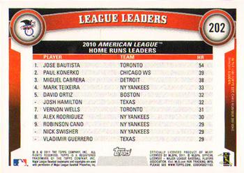 2011 Topps #202 2010 AL Home Run Leaders (Jose Bautista / Paul Konerko / Miguel Cabrera) Back