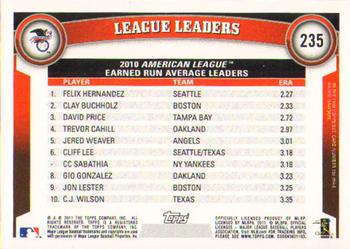 2011 Topps #235 2010 AL Earned Run Average Leaders (Felix Hernandez / Clay Buchholz / David Price) Back