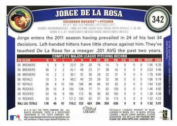 2011 Topps #342 Jorge De La Rosa Back