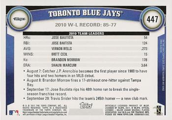 2011 Topps #447 Toronto Blue Jays Back
