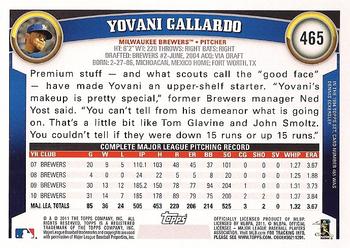 2011 Topps #465 Yovani Gallardo Back