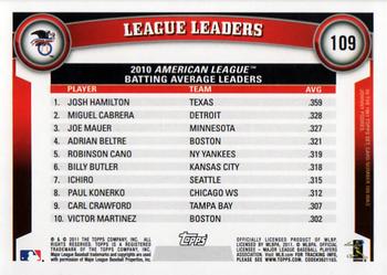 2011 Topps #109 2010 AL Batting Average Leaders (Josh Hamilton / Miguel Cabrera / Joe Mauer) Back