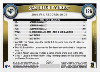 2011 Topps #126 San Diego Padres Back