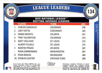 2011 Topps #134 2010 NL Batting Average Leaders (Carlos Gonzalez / Joey Votto / Omar Infante) Back