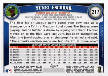 2011 Topps #217 Yunel Escobar Back