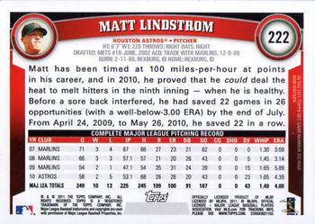 2011 Topps #222 Matt Lindstrom Back