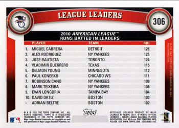 2011 Topps #306 2010 AL Runs Batted In Leaders (Miguel Cabrera / Alex Rodriguez / Jose Bautista) Back