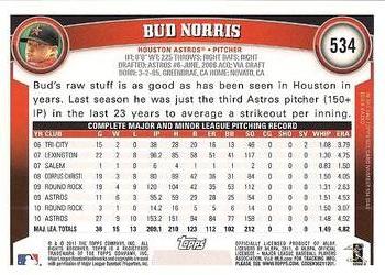 2011 Topps #534 Bud Norris Back