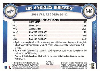 2011 Topps #646 Los Angeles Dodgers Back