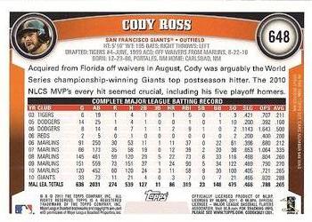 2011 Topps #648 Cody Ross Back