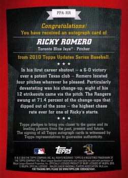 2010 Topps Update - Peak Performance Autographs #PPA-RR Ricky Romero Back