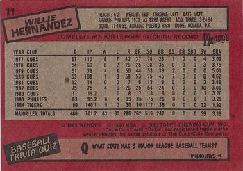 1985 Topps Wendy's/Coca-Cola Detroit Tigers #11 Willie Hernandez Back