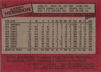 1985 Topps Wendy's/Coca-Cola Detroit Tigers #12 Larry Herndon Back